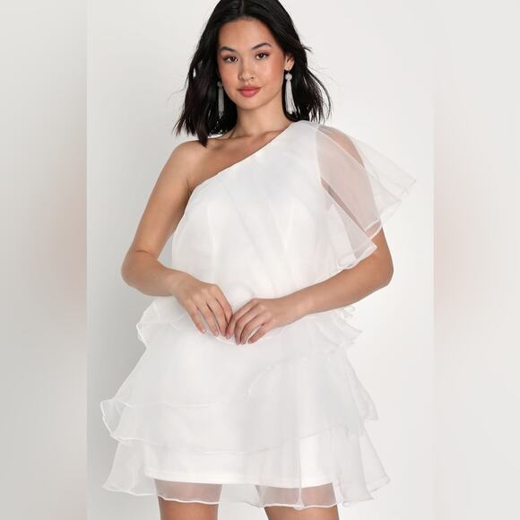 Lulus Enchanting Arrival White Organza Tiered One-Shoulder Mini Dress Size M - Picture 1 of 13
